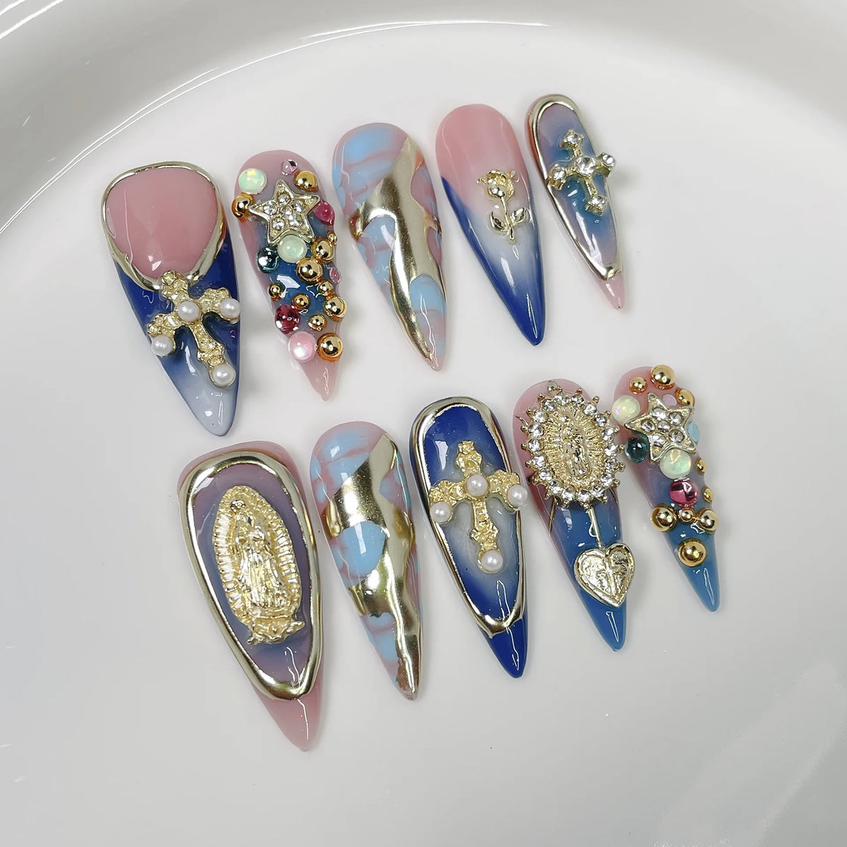 10Pcs Retro Golden Stiletto Handmade Press on Nails Fake Nails with 3D Decoration Wearable Stick-on Nails False Nail 네일팁 Uñas