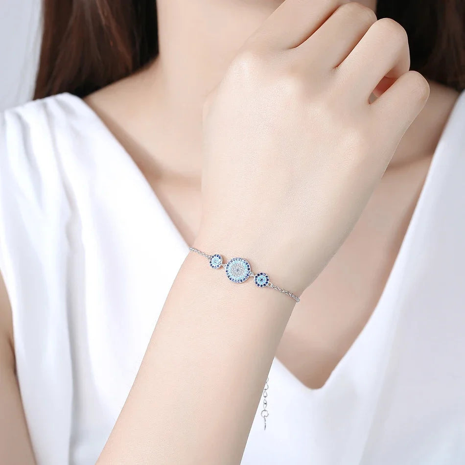 KALETINE Women Evil Eye Bracelet Genuine 925 Sterling Silver Men Jewelry Luxury Round Blue Eyes CZ Three Stones Tennis Bracelet