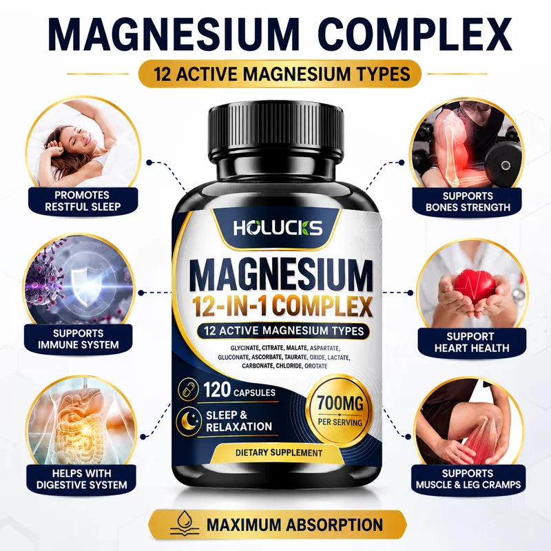 Magnesium Complex 700mg 12 in 1 Supplement, Support Heart & Bone Health, Aid Relaxation, Improve Muscle Strength, Boost Immune