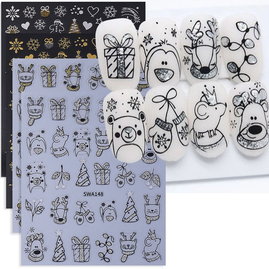 2/4pcs Cartoon Christmas Nail Stickers Glitter Gold Silver Reindeer Cat Snowflake Xmas Tree Adhesive Decals DIY Manicure Decor