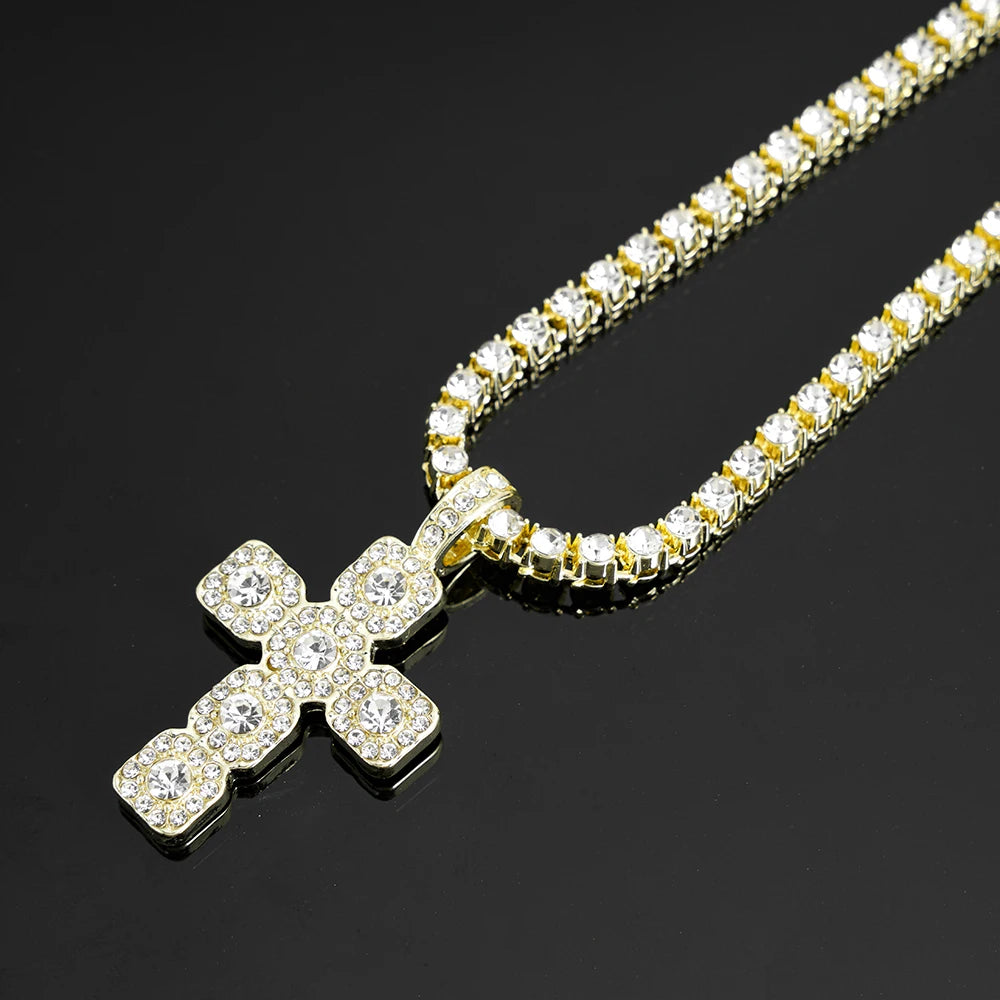 2025 New Hip Hop Cross Pendant Necklace Men 4mm Rhinestone Tennis Chain Iced Sparkling Necklace Women Punk Jewelry Fashion Gift