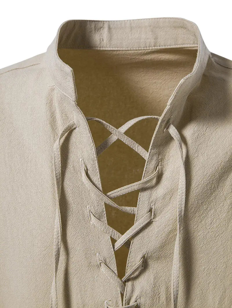 Men's Casual Henley Shirt Stand Collar Long Sleeve with Drawstring Cuffs Casual Henley Collar Shirt