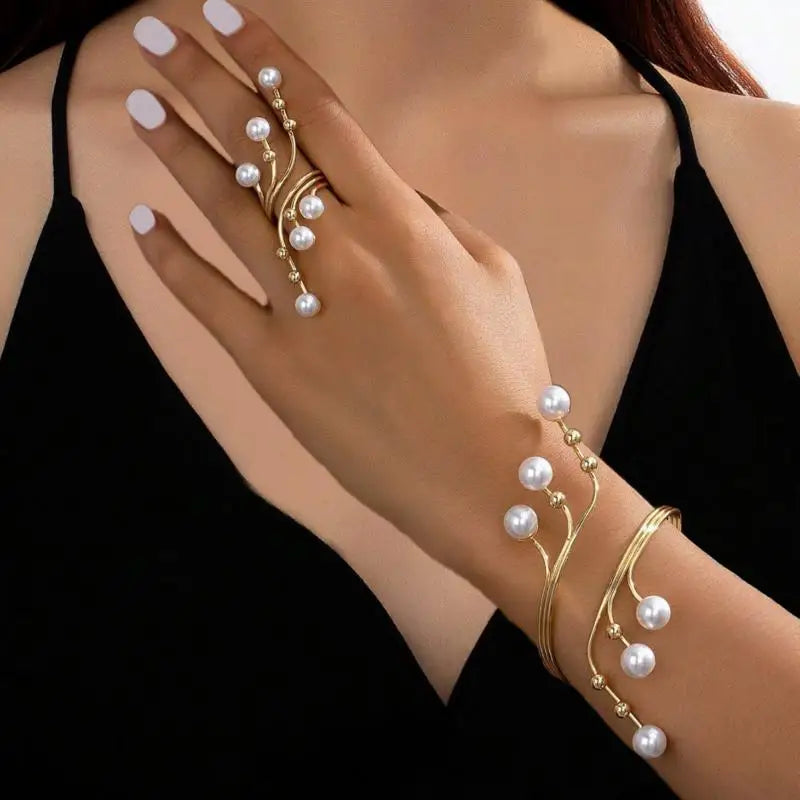 2-piece Fashionable Geometric Imitation Pearl Multi-layer Bracelet Ring, Women's Personalized Trendy Party Accessories Jewelry