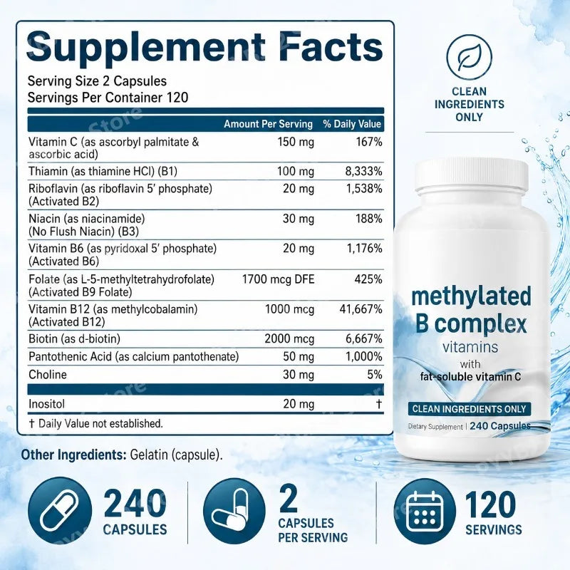 Methylated B Complex Capsule 240 Count Support Energy Generation & Neurological Health — Methylfolate B12,Thiamine and Vitamin C