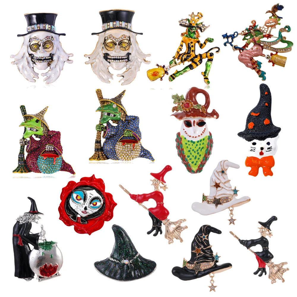 Halloween Witch Hat Brooch Terror Ghost Wizard Pin Metal Rhinestones Accessories For Men And Women Jewelry Gifts Wholesale