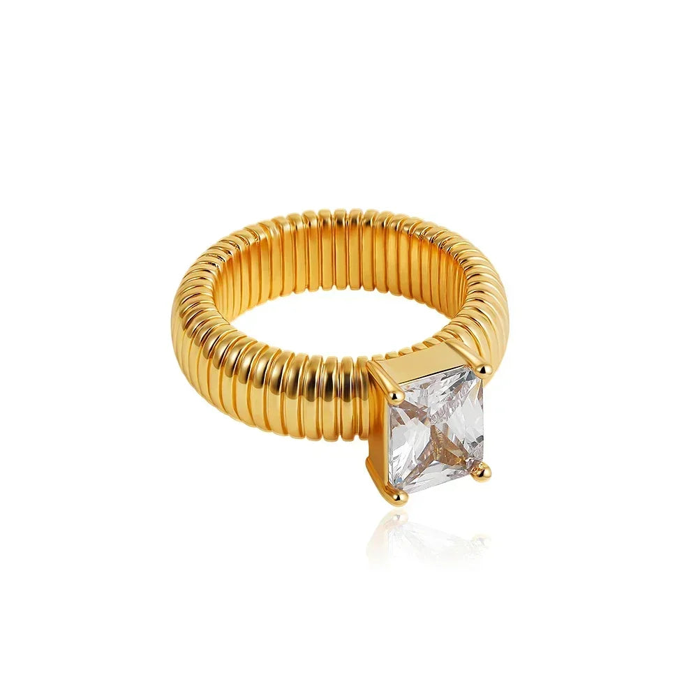 Hiphop Rock Texture Chunky Rings Stainless Steel Waterproof Multicolour Square Crystal Zircon Wedding Ring Femal Retro Jewelry