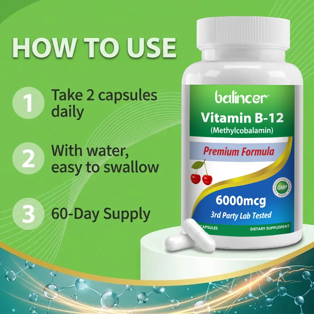 Vitamin B12 Supplement 6000mcg - Energy Brain Memory Mood, Heart  Function, Nervous & Immune System Support, 30/60/120 Capsules