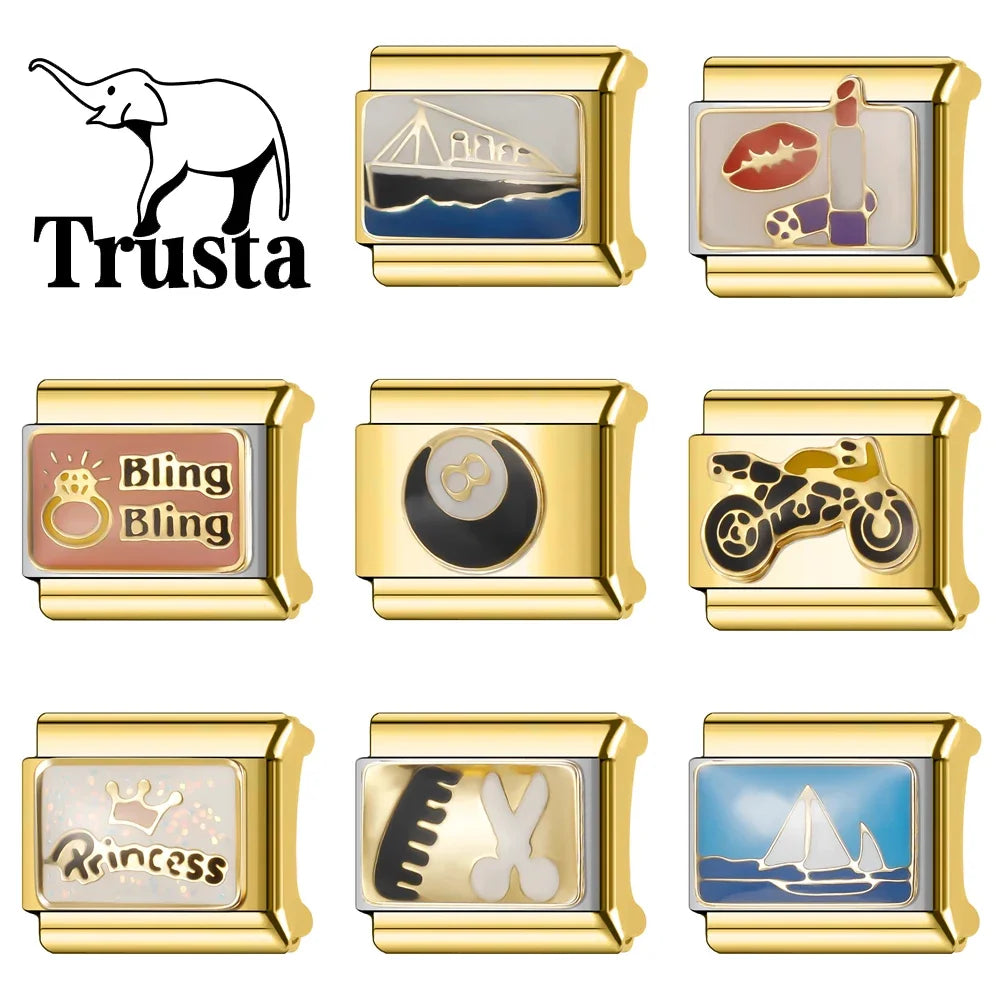 Trusta 2024 Fashion Shiny Golden Colour Charm Italian Links 9mm Bracelet Stainless Steel for Women DIY Jewelry Wholesale N009