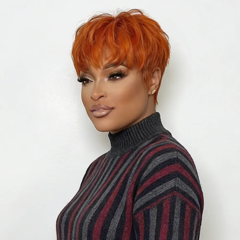 Orange #350 Short Straight Pixie Cut Wigs Human Hair 100% Natural Realistic Full Machine Made With Bangs For Women