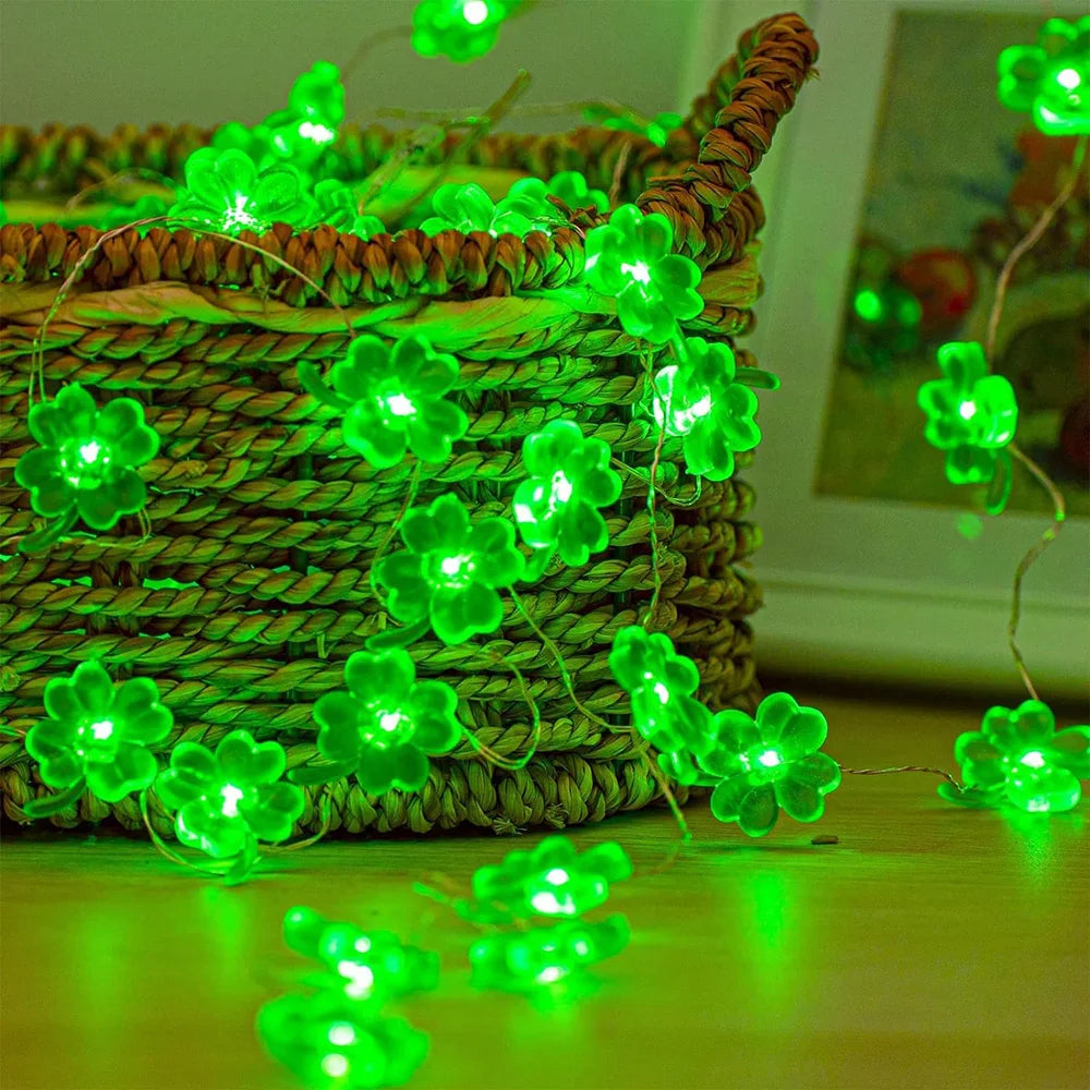 2M Clover Indoor Decorative Lights Battery-Powered Clover String Lights Lucky Four-Leaf Clover Green Lights DIY Party Decoration