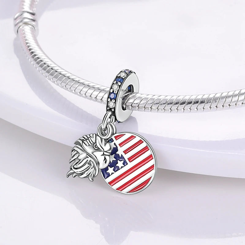 Original 925 Sterling Silver Charms Bead American Flag Independence Day Pendant Fit Original Bracelet For Women DIY Jewelry Gift