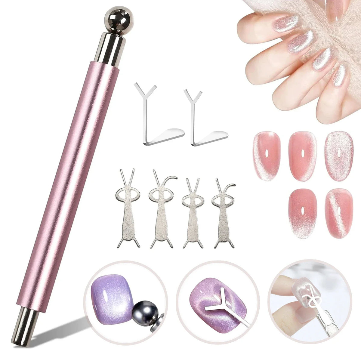 Pro Cat Eye Nail Magnet Kit — Dual-Tip Wand, Round Beads & Y/Rabbit Stencil. DIY Multi-Style Cat Eye Nails Made Easy.
