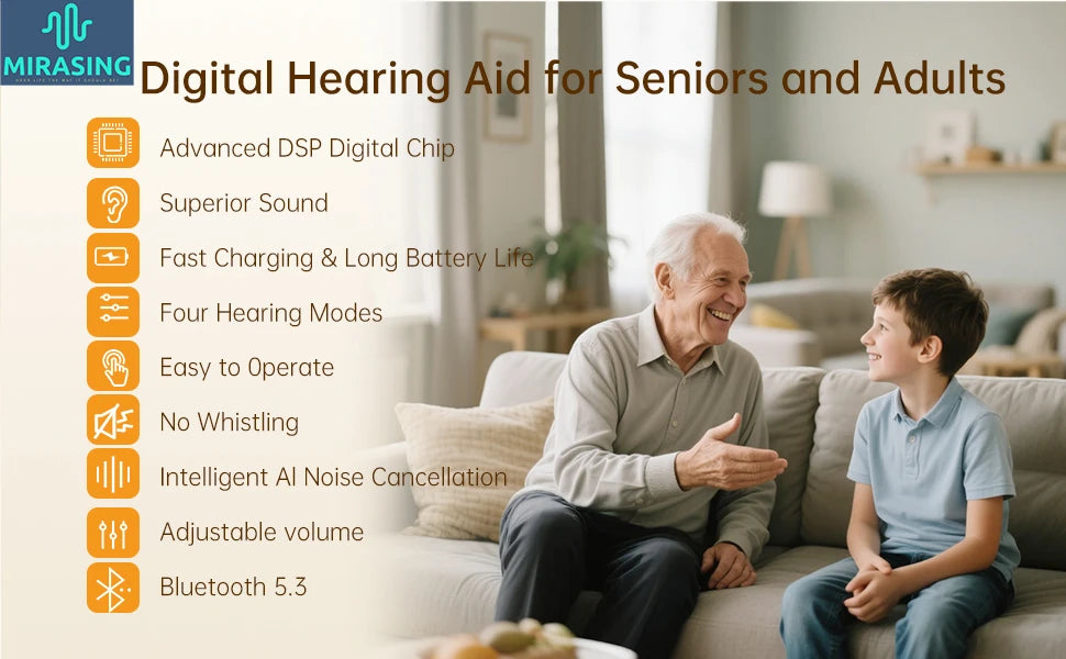 Mirasing Hearing Aids，Bluetooth RIC Hearing Aid - 2025 Rechargeable BTE with Noise Cancelling & Charging Case