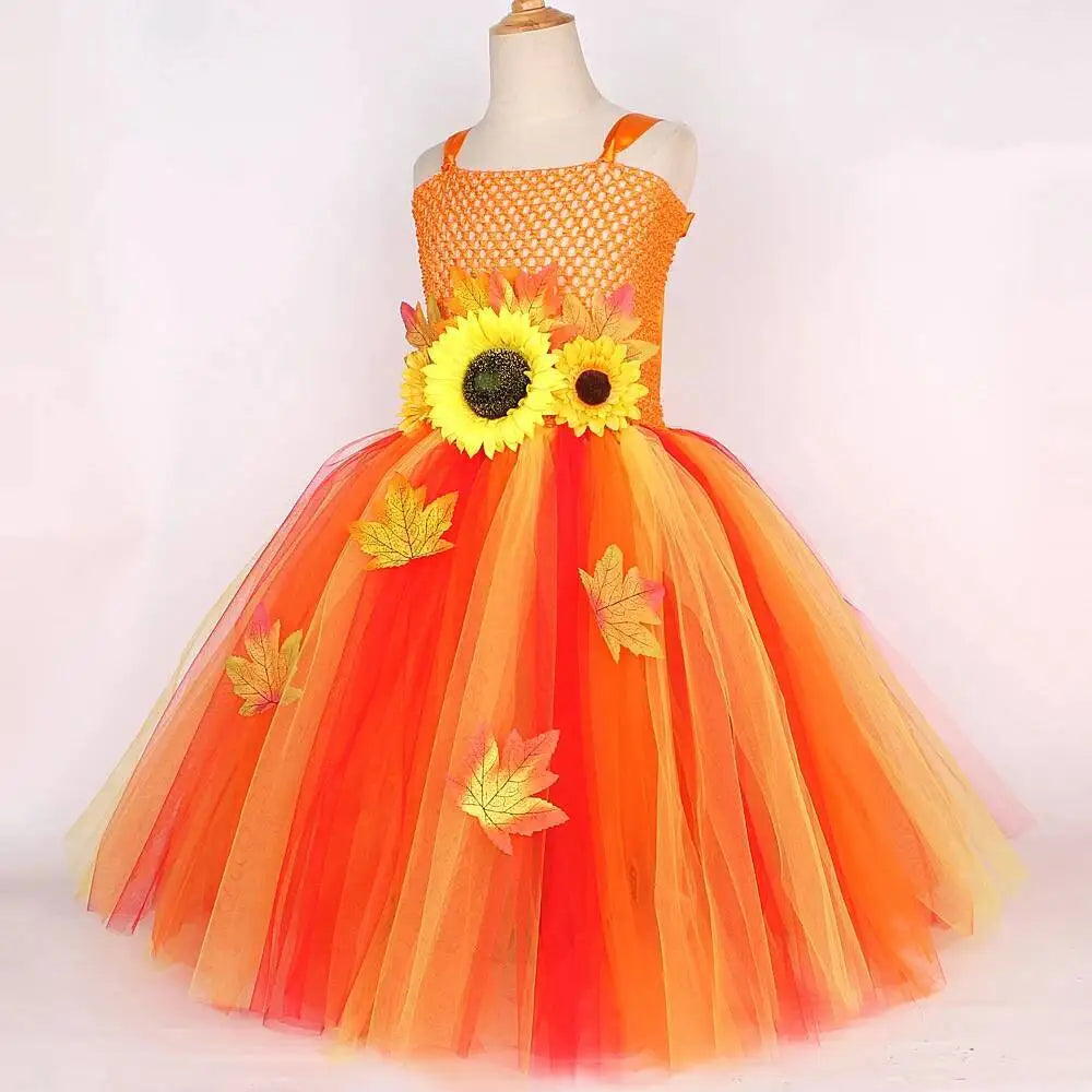 Maple Leaf Sunflower Fairy Costumes Girls Fall Autumn Long Tutu Dress for Kids Thanksgiving Halloween Fancy Outfit with Wings
