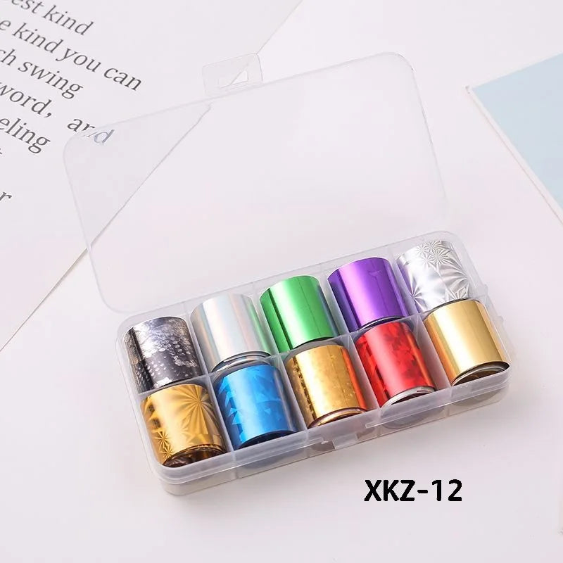 10 Rolls/ Box Charm Nail Foils Polish Stickers Metal Color Starry Paper Transfer Foil Wraps Adhesive Decals Nail Art Decorations