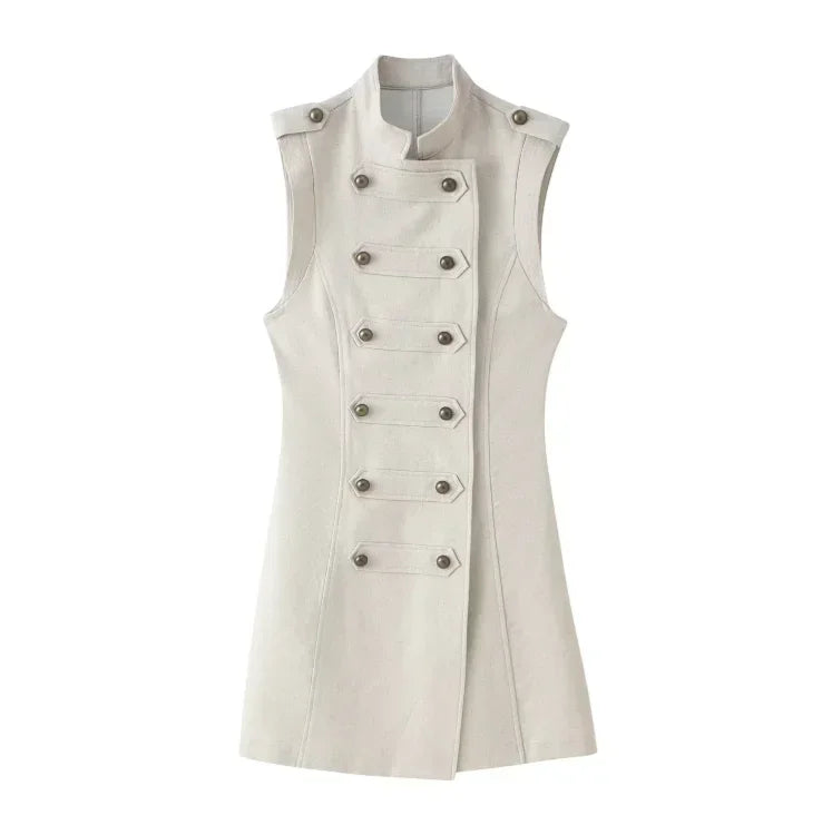 Women's Stand Collar Double Breasted Mini Dress Sleeveless Elegant Casual Slim Fit Short Robe Lady Office New Dresses 2026 Summer