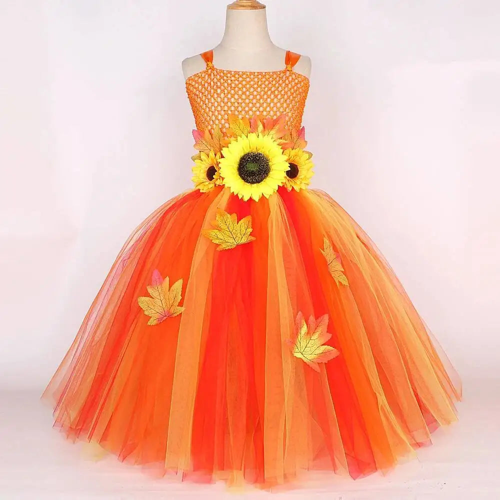 Maple Leaf Sunflower Fairy Costumes Girls Fall Autumn Long Tutu Dress for Kids Thanksgiving Halloween Fancy Outfit with Wings