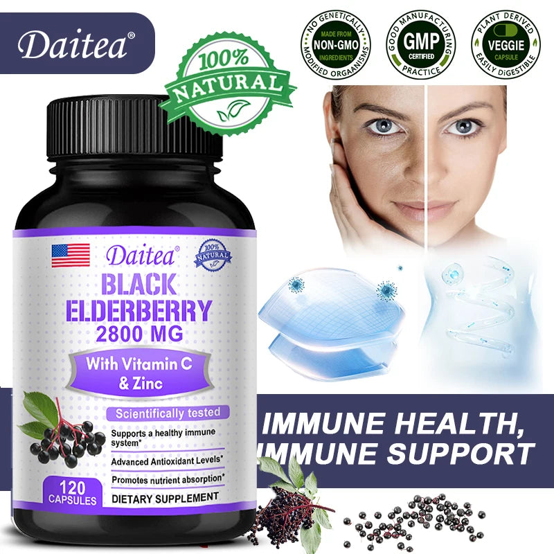 Black Elderberry Capsules 2000mg with Vitamin C, Milk Thistle, Antioxidants, Immune System Support, Energy Boost, Non-GMO