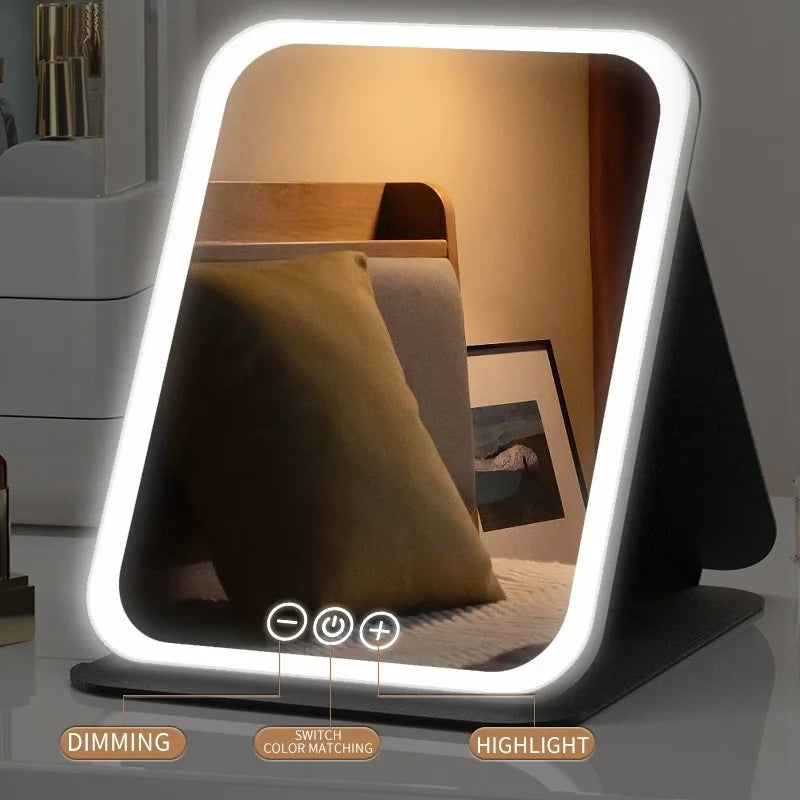LED Makeup Mirror 3 Colors Lighting Dimmable with Touch Screen Fold Cosmetic Makeup Mirror Rechargeable Tabletop for Travel Home