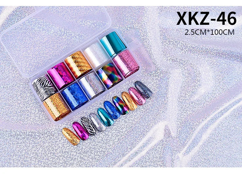 10 Rolls/ Box Charm Nail Foils Polish Stickers Metal Color Starry Paper Transfer Foil Wraps Adhesive Decals Nail Art Decorations