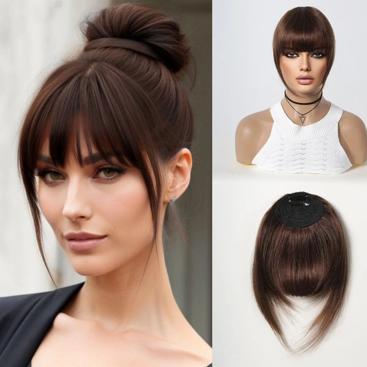 100% Remy Human Hair Fringe Bangs Clips in Natural Black Human Hair 3D Fringe Bangs Hairpieces for Women with Thinning Hair