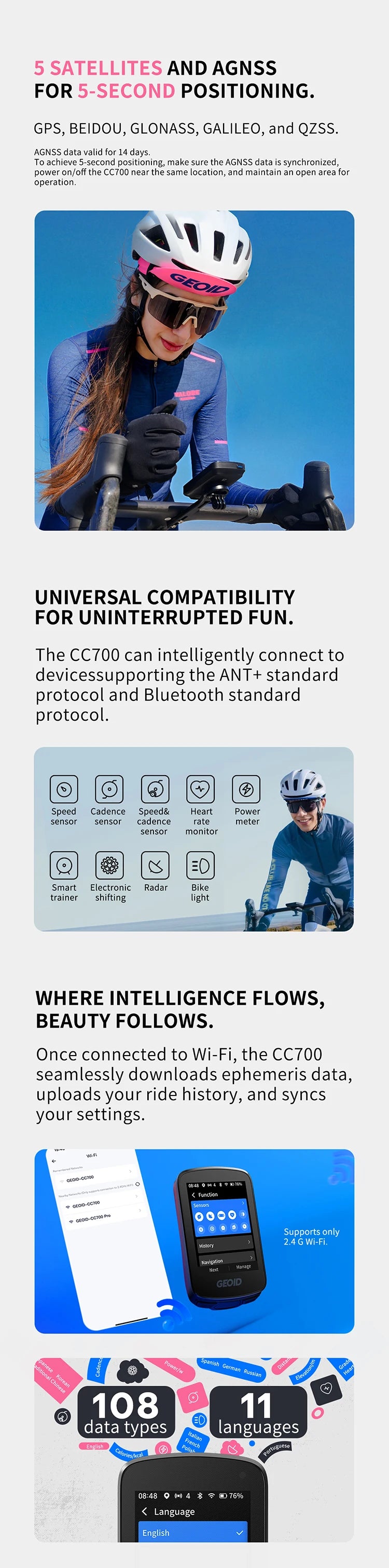 GEOID CC700/PRO Bike Computer Wireless Color Screen Bicycle Speedometer ANT+ WIFI Cycling Speedometer IPX7 Waterproof Odometer