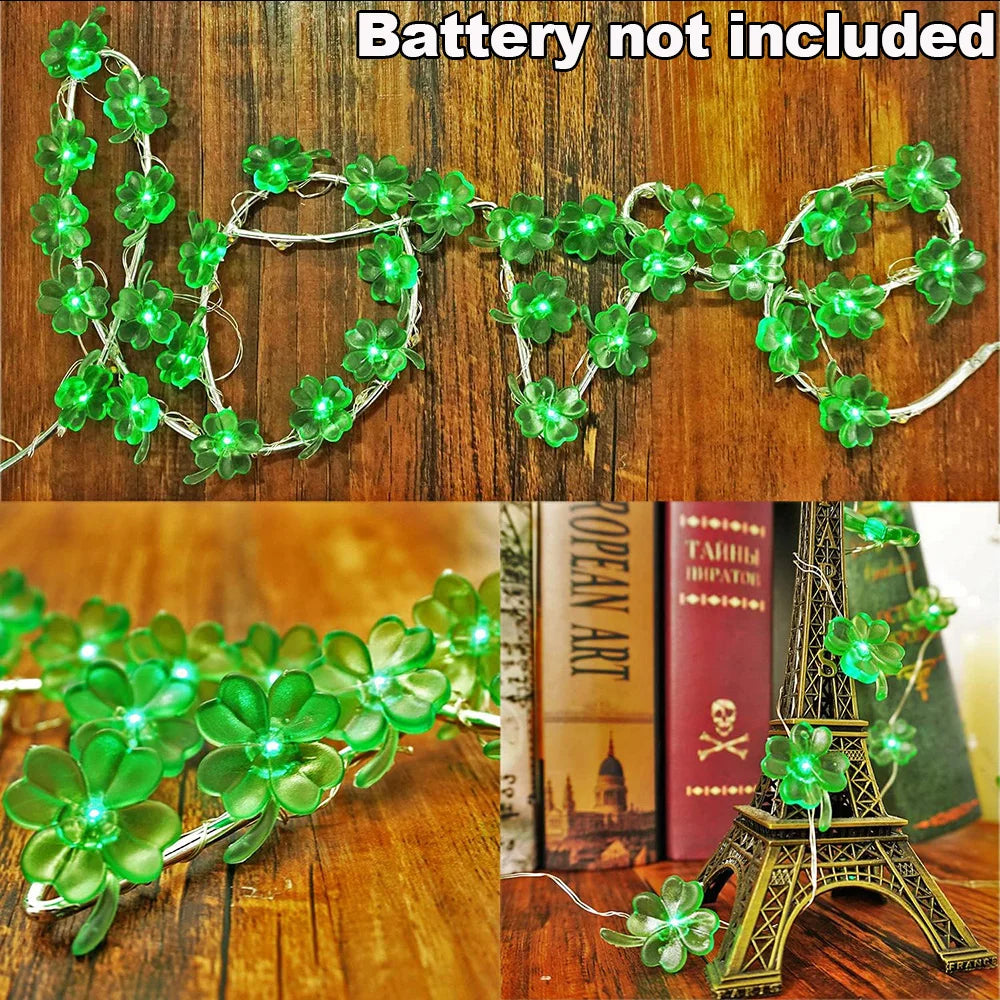 2M Clover Indoor Decorative Lights Battery-Powered Clover String Lights Lucky Four-Leaf Clover Green Lights DIY Party Decoration