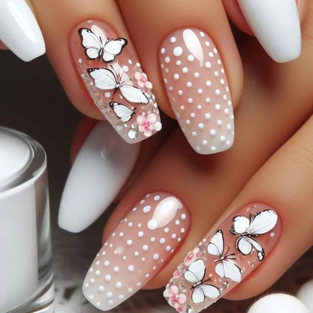 24Pcs Set Medium Long Press On Nails Spring And Summer Flower Butterfly Bee Design Reusable Daily Party Manicure Supply