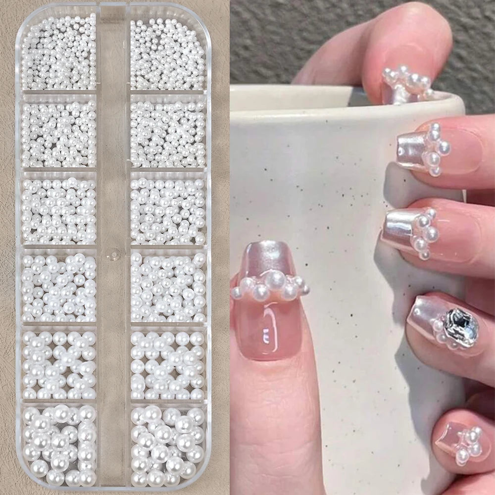 12Grids 3D White Round/Semicircle Pearls Nail Art Charms 0.15-0.5cm Faltback Pearl Caviar Bead Rhinestone DIY Manicure Accessory