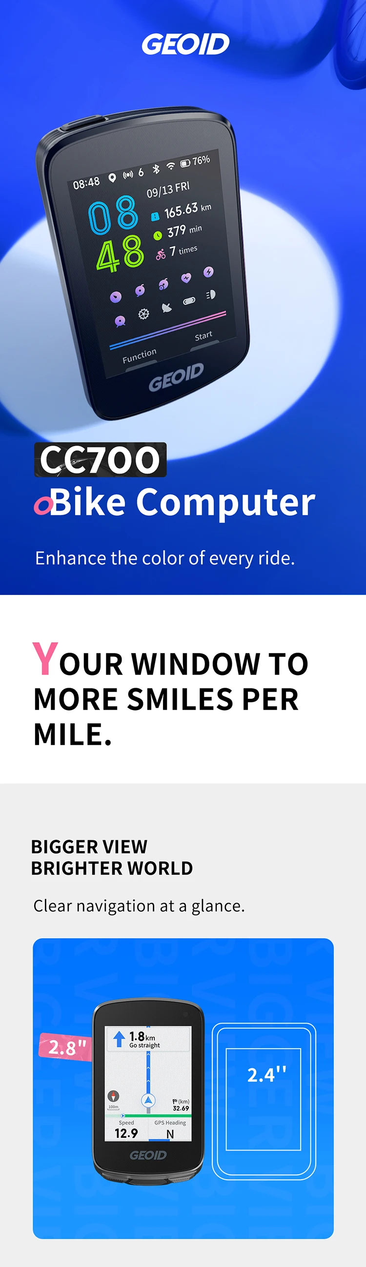 GEOID CC700/PRO Bike Computer Wireless Color Screen Bicycle Speedometer ANT+ WIFI Cycling Speedometer IPX7 Waterproof Odometer