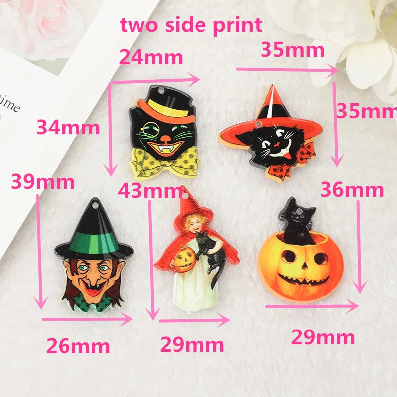 10Pcs Vintage Halloween Charms Creative Acrylic Pumpkins Black Cat Pendant For Necklace Earring DIY Making Accessories