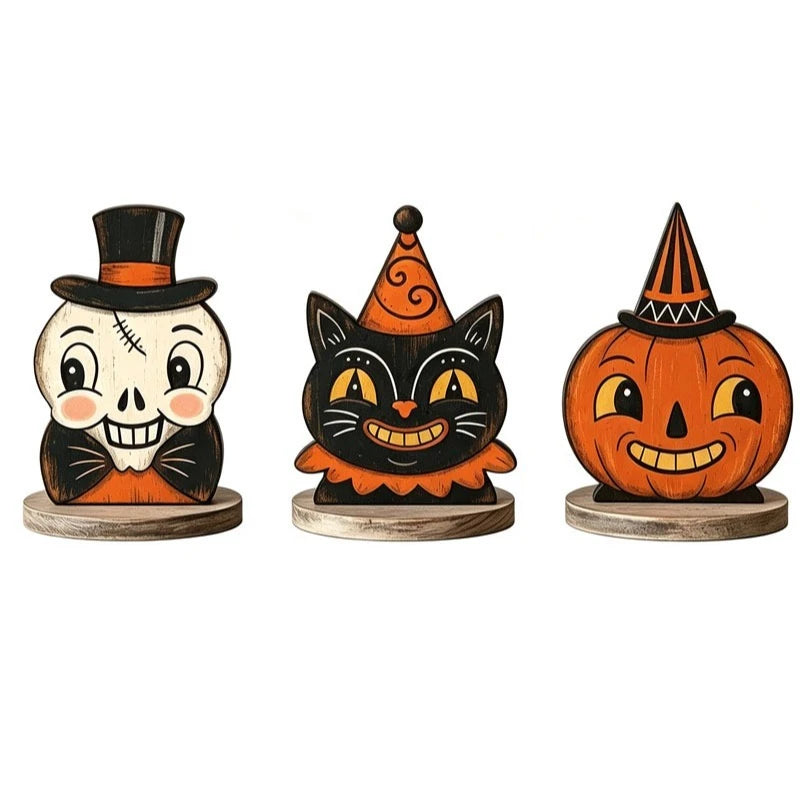 1/6pc Halloween Decor Indoor Retro Wooden Block for Shelf Decoration,Cute Ghost,Pumpkin,Black,Cat,Skeleton,Owl,Housewarming Gift