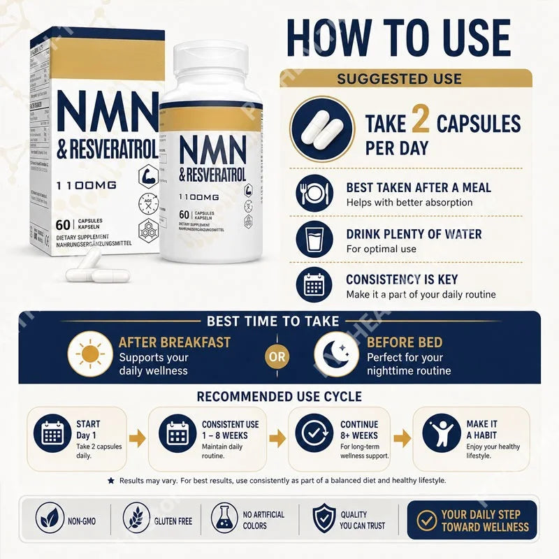 NMN & Resveratrol Capsules Antioxidant Complex Supplement with Black Pepper Extract 1100mg 60 Capsules