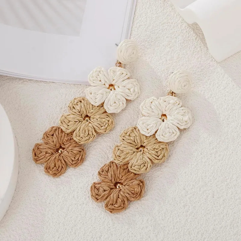 Raffia Flower Earrings for Women Mom, Raffia Straw Wrapped Flower Drop Dangle Earrings Summer Tropical Beach Jewelry Gifts