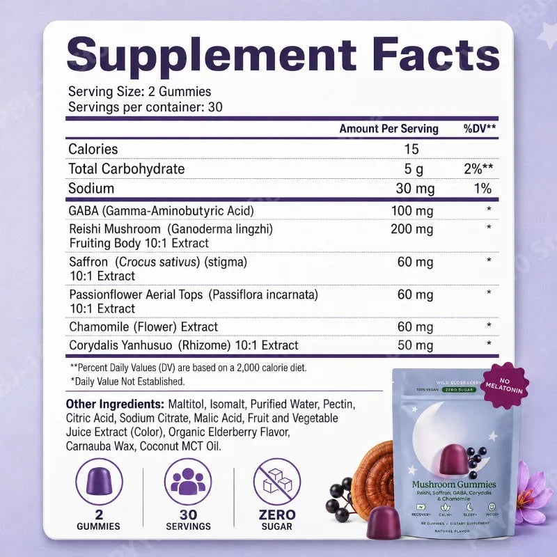 Mushroom Gummies with Reishi GABA Saffron Chamomile Supports Evening Relaxation No Melatonin Zero Sugar Vegan 60 Gummies
