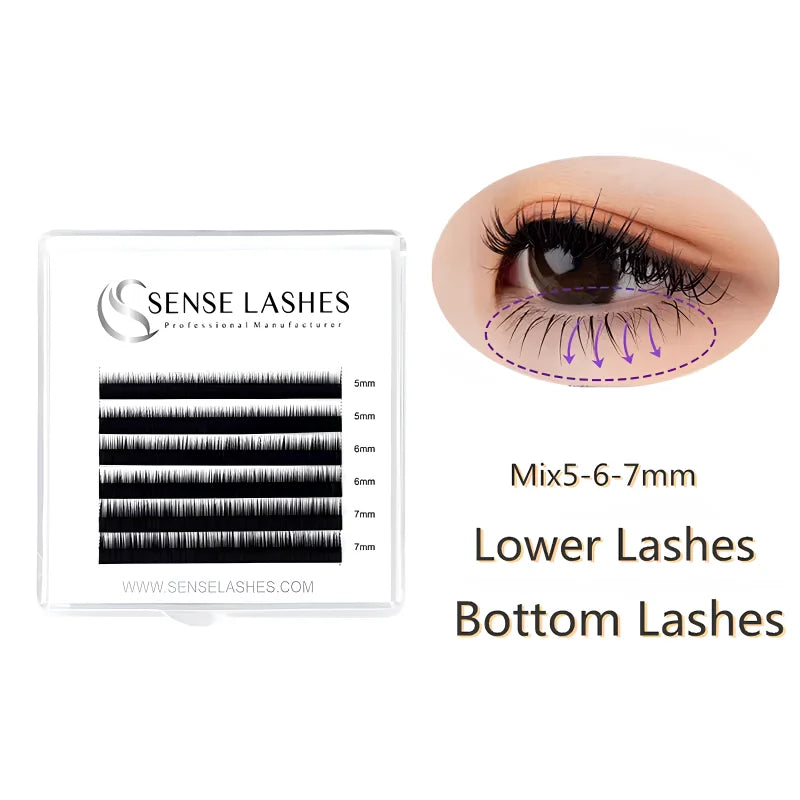 SENSE LASHES 6 Rows Lower Lashes 5-7mm Mix Individual Bottom Eyelashes Extension B Curl Natural Short Eyebrow Under Eyelash