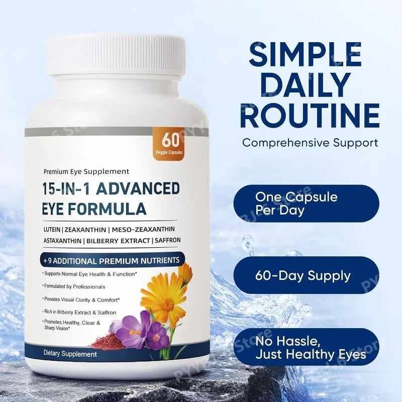 15-in-1 Advanced Eye Formula Lutein Zeaxanthin Bilberry Extract Vitamin C & E Supports Eye Health 60 Veggie Capsules for adult