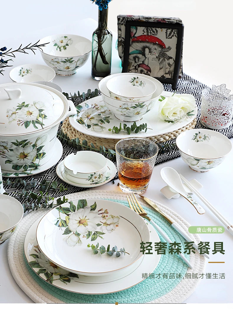 Bone China Dinnerware, Household Ceramic Rice Bowl, Deep Dishes, Soup Pots, Steak Flat Plate, Delicate Floral Tableware