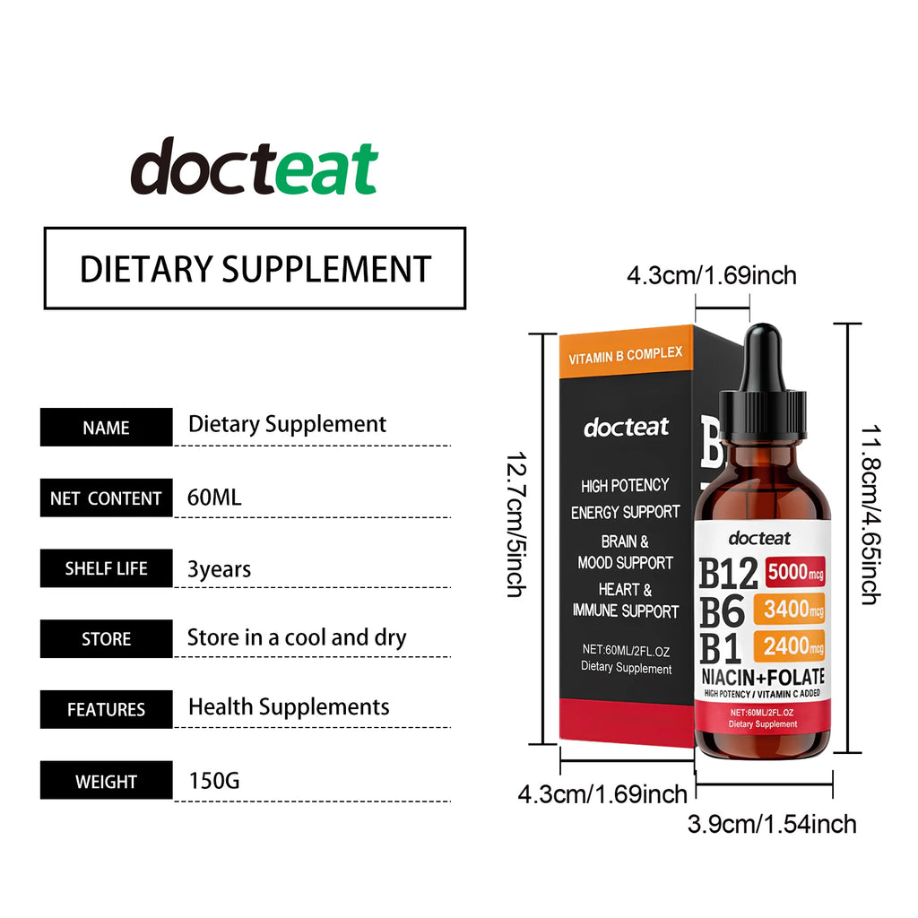 Docteat B Complex Drops 60ml High Potency B12 5000mcg Methylcobalamin Energy Brain Mood Heart Immune Support Non GMO Vegan