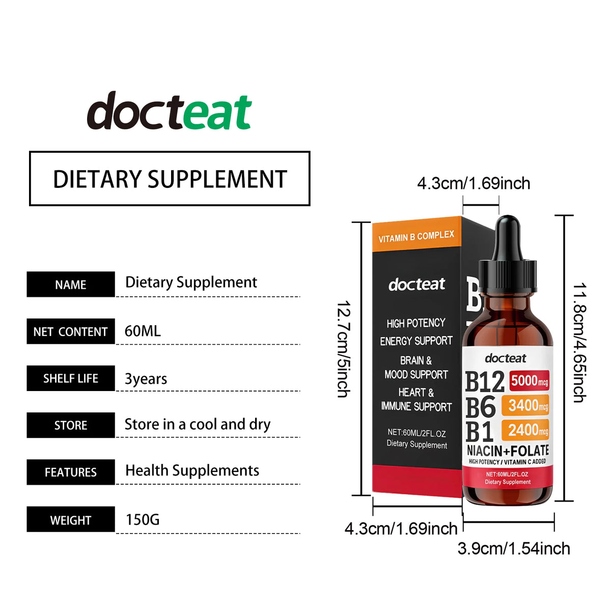 Docteat B Complex Drops 60ml High Potency B12 5000mcg Methylcobalamin Energy Brain Mood Heart Immune Support Non GMO Vegan
