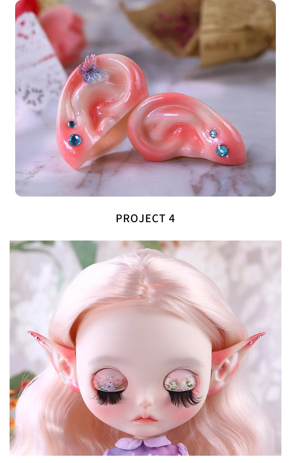 Blyth 1/6 Doll Ear: Hand-painted Ears with Rhinestone Texture and Openwork Design DIY Accessories for 30 cm Dolls