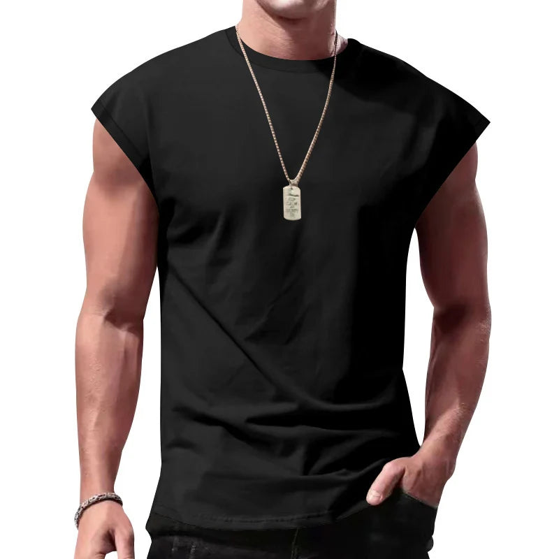 Men's Loose Short Sleeve T-Shirt Round Neck Sleeveless Casual Breathable Summer Sports Basic Vest