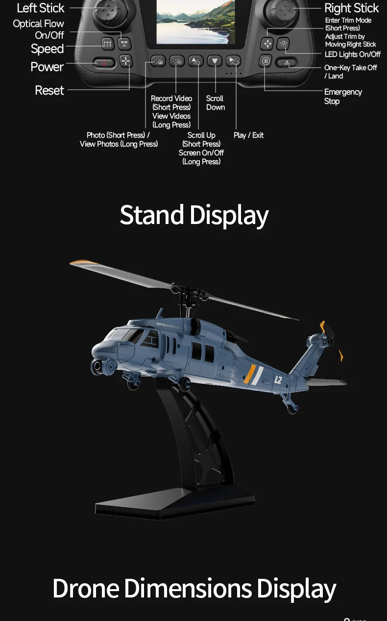 8K HD Camera RC Helicopter With LCD Screen Optical Flow Positioning One Key Takeoff WIFI FPV RC Airplane Single-Rotor Flybarless