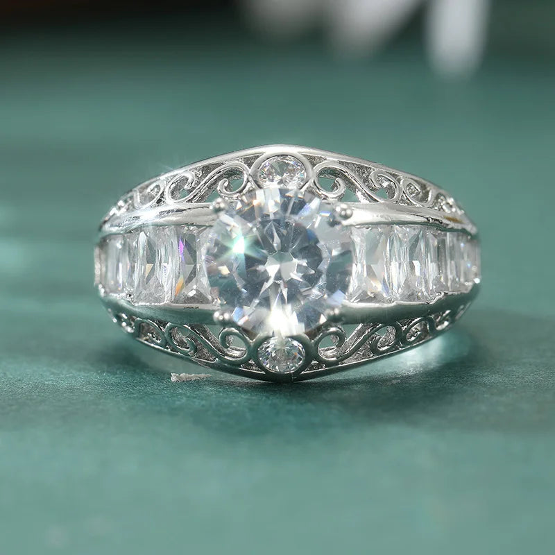 Aesthetic Inlaid White CZ Women's Ring Trendy Silver Color Hand Carving Daily Wear Party Jewelry Anniversary Gift