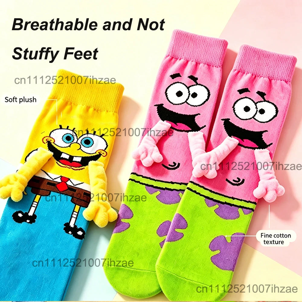 Cartoon 3D Socks Cute Handle Interaction Yellow Sponge Pink Starfish Anime Peripheral Soft High Elasticity Tube Socks Daily Wear