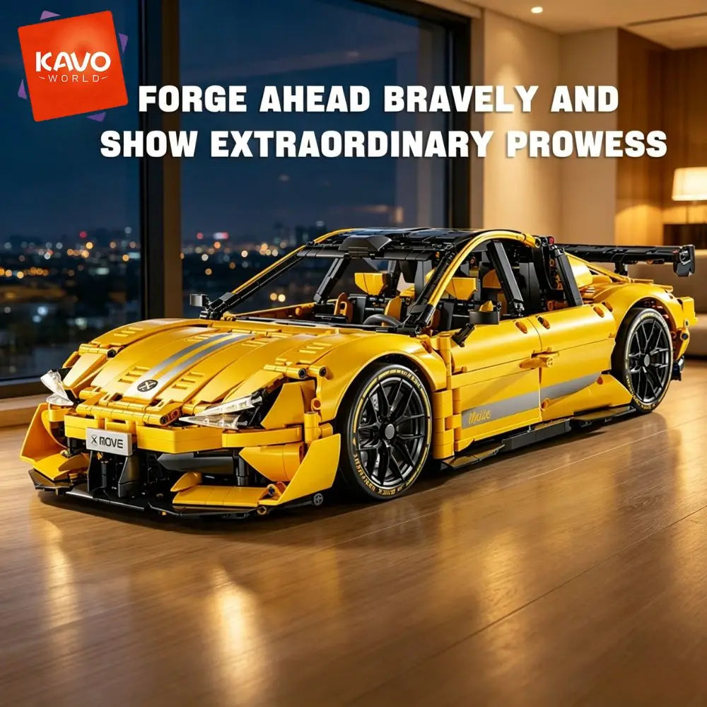 KAVOWORLD 2143pcs Yellow 1:10 Building Block Racing Car Sports Supercar Road Coupe Drift Vehicle Construction Kit with Movable Doors Adjustable Rear Wing DIY Assembly STEM Toys Home Desk Decor Hobby Christmas Halloween Birthd