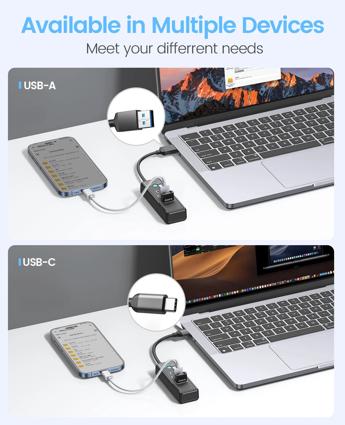 ORICO 3 in 1 5Gbps USB 3.0 Type C HUB Colorful 3 Ports High Speed Mini Splitter OTG Adapter For Desk PC Computer Accessories