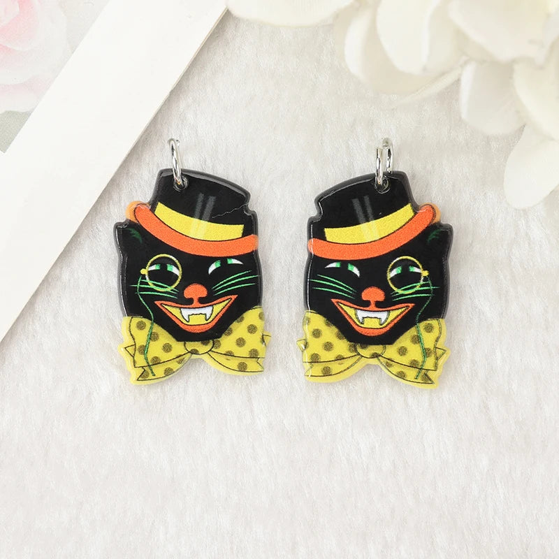 10Pcs Vintage Halloween Charms Creative Acrylic Pumpkins Black Cat Pendant For Necklace Earring DIY Making Accessories