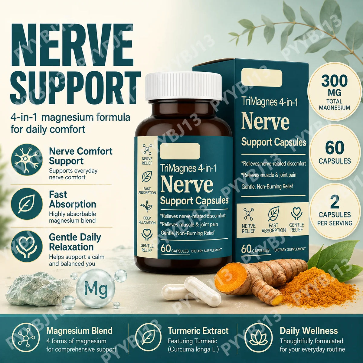 4-in-1 Magnesium Nerve Support Capsules with Citrate Glycinate Malate & Turmeric Extract, 60 CT, Fast Absorption Formula