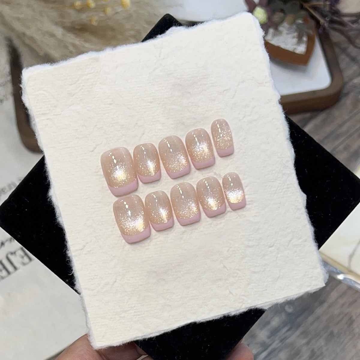 10Pcs Cat Eye Handmade Press On Nails Full Cover Pure Design Glitter Square Head Coffin False Nails Manicure Wearable Nail Tips